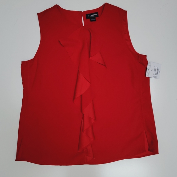 Liz Claiborne Sleeveless Waterfall Front Ruffle Blouse | Large | Red Top - Picture 3 of 9